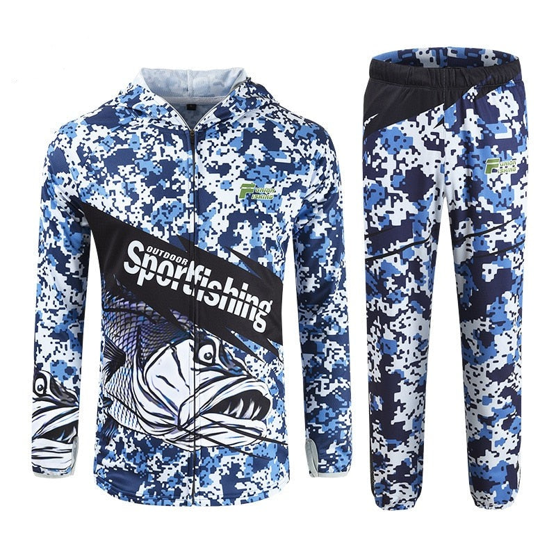 Quick Dry Bass Fishing Clothing set Long Sleeve Camouflage Hooded Breathable Anti-UV Sun Protection clothes fishing shirts